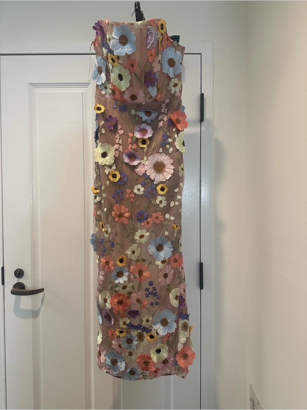 Bronx and Banco Blush Mesh Midi Dress with Multicolor Floral Appliqués